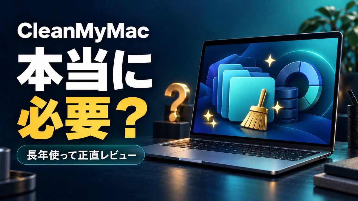 CleanMyMacは本当に必要？ 長年使って正直レビュー。ノートパソコンとファイル整理を表したイラスト。