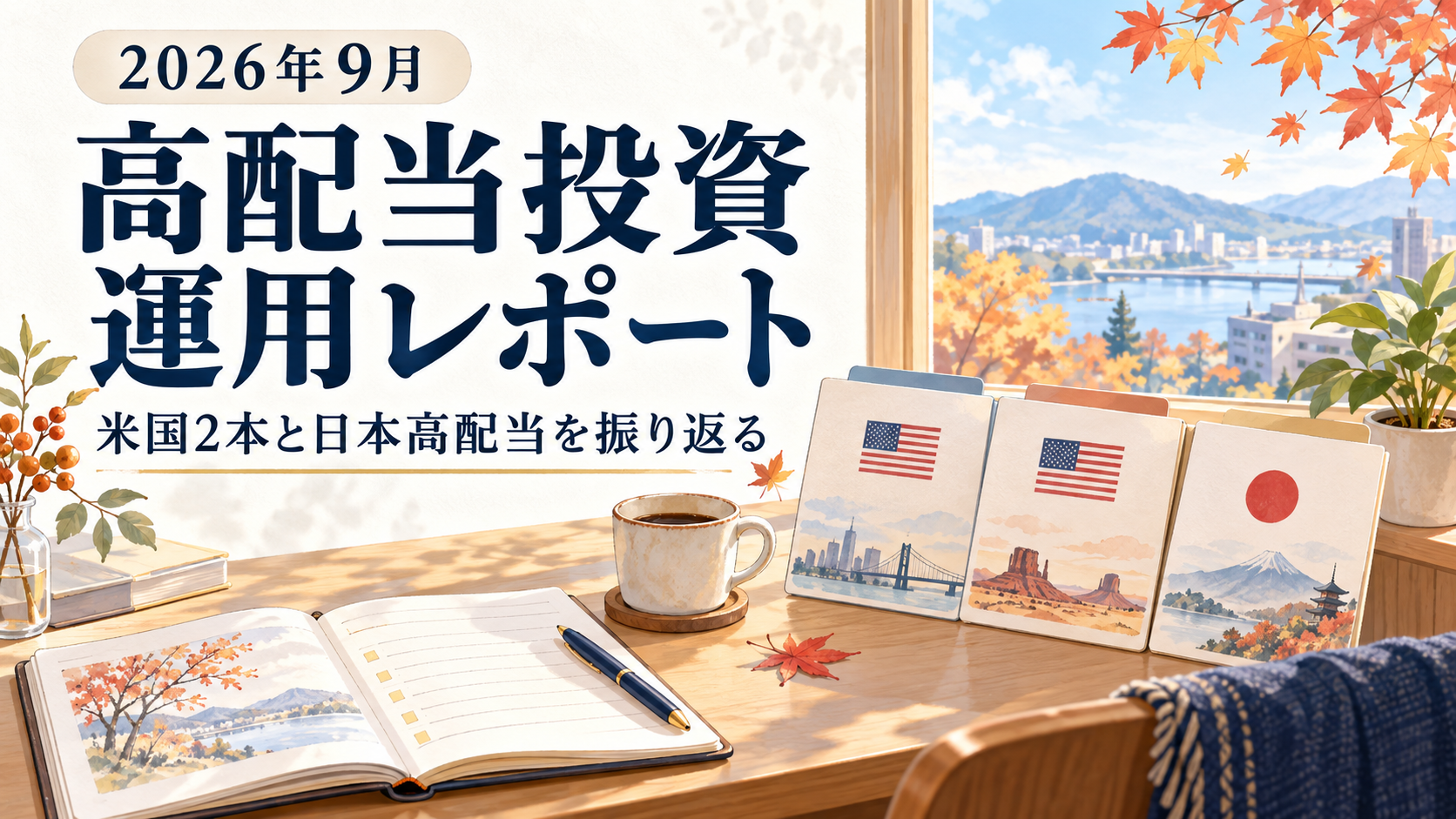 2026年9月、高配当投資の運用レポート。秋の机と米国2本・日本高配当を表す3枚のカード。